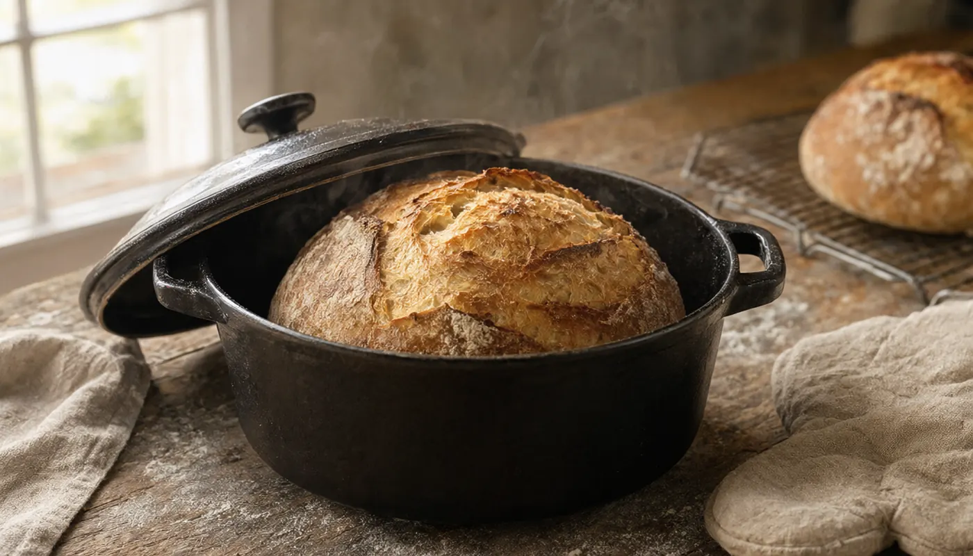 A just-baked sourdough loaf in an open dutch oven with steam rising