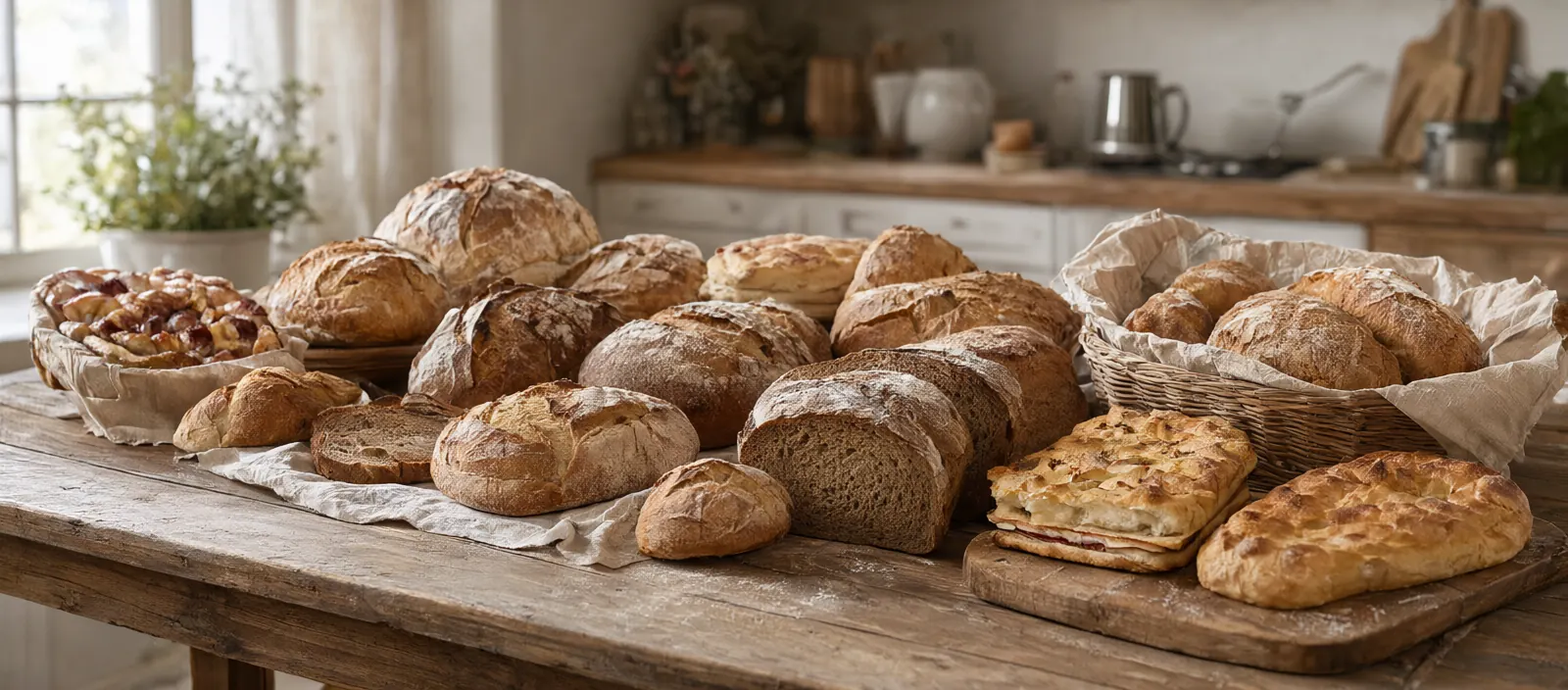A farmhouse table spread with homemade loaves and sweets